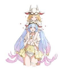 Rule 34 | 2girls, absurdres, animal ears, blonde hair, blue hair, brown eyes, catura (granblue fantasy), catura (granblue fantasy) (cosplay), closed eyes, cosplay, djeeta (granblue fantasy), fake animal ears, fake horns, goggles, goggles on head, granblue fantasy, heart, highres, horns, long hair, multicolored hair, multiple girls, pink hair, shiro wa (shiroshironix), smile, thigh strap, white background