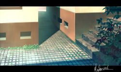 Rule 34 | building, commentary request, grass, hakuurei amano, highres, letterboxed, no humans, original, outdoors, scenery, shadow, stairs, tile floor, tiles, watermark