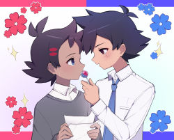 Rule 34 | 2boys, absurdres, antenna hair, ash ketchum, blue eyes, blue necktie, blush, brown eyes, candy, colaoud, collared shirt, commentary request, creatures (company), eyelashes, food, game freak, goh (pokemon), grey sweater, highres, holding, holding paper, korean commentary, lollipop, long sleeves, male focus, multiple boys, necktie, nintendo, open mouth, paper, pokemon, pokemon (anime), pokemon journeys, shirt, short hair, sparkle, sweater, white shirt