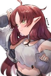 Rule 34 | 1girl, ahoge, arknights, bare shoulders, blush, closed mouth, commentary request, green eyes, grey background, highres, horn/wood, jacket, long hair, long sleeves, looking afar, midriff, myrtle (arknights), navel, pointy ears, red hair, simple background, smile, solo, tank top, white jacket, white tank top