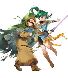 Rule 34 | 1boy, 1girl, belt, book, boots, brown hair, child, clenched teeth, dress, fire emblem, fire emblem: the blazing blade, fire emblem heroes, full body, green eyes, green hair, hair between eyes, high ponytail, highres, holding, holding book, holding sword, holding weapon, hood, jewelry, knee boots, long hair, looking away, lyn (fire emblem), mark (fire emblem: the blazing blade), matching hair/eyes, necklace, nintendo, non-web source, official art, parted lips, ponytail, shoes, short dress, short hair, short sleeves, shorts, sword, teeth, torn clothes, transparent background, turtleneck, vambraces, wada sachiko, weapon
