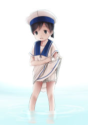 Rule 34 | 1girl, black hair, bloomers, blue sailor collar, clothes lift, dress, dress lift, grey eyes, hat, hiburi (kancolle), kantai collection, kurona, lifted by self, open mouth, reflection, ripples, sailor collar, sailor dress, sailor hat, solo, standing, underwear, wading, water, white background, white bloomers, white dress, white hat