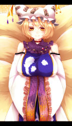 Rule 34 | 1girl, adapted costume, bad id, bad pixiv id, bare shoulders, bell, blonde hair, breasts, choker, embellished costume, female focus, fox tail, frills, hands in opposite sleeves, hat, highres, jingle bell, large breasts, letterboxed, short hair, smile, solo, surcoat, tail, touhou, yakumo ran, yellow eyes, yutazou