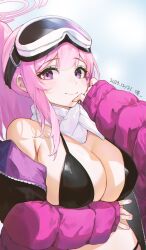 Rule 34 | 1girl, azema, bikini, black bikini, blue archive, breasts, commentary, eimi (blue archive), eimi (swimsuit) (blue archive), goggles, goggles on head, hand up, highres, jacket, large breasts, long hair, long sleeves, looking at viewer, off shoulder, official alternate costume, pink hair, purple eyes, purple jacket, scarf, sidelocks, smile, solo, stomach, swimsuit, upper body, white scarf