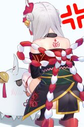 Rule 34 | anger vein, back bow, back tattoo, bare shoulders, bell, black kimono, bow, commentary, double bun, eye reflection, facing away, from behind, gold trim, grey hair, hair bell, hair bun, hair ornament, highres, hololive, horns, implied pantyshot, impossible clothes, impossible skirt, japanese clothes, jingle bell, kimono, kouhaku nawa, long hair, long sleeves, looking at creature, mask, mask on head, nakiri ayame, nakiri ayame (1st costume), off shoulder, okobo, oni mask, parted hair, poyoyo (nakiri ayame), red footwear, reflection, rope, sandals, shimenawa, short kimono, skin-covered horns, skirt, squatting, symbol-only commentary, tabi, tassel, tassel hair ornament, tattoo, taut clothes, taut skirt, thighhighs, two side up, virtual youtuber, white thighhighs, yoruta (yossy puyo holo)