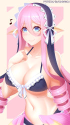 Rule 34 | 1girl, bare arms, bikini, black bikini, blacksaikou, blue eyes, blush, breasts, closed mouth, collarbone, commentary, drill hair, english commentary, fins, frilled bikini, frilled hairband, frills, gills, hair between eyes, hairband, hand on own chest, head fins, highres, large breasts, long hair, maid, maid bikini, mermaid, meroune lorelei, mole, mole under eye, monster girl, monster musume no iru nichijou, musical note, navel, patreon username, pink hair, pointy ears, simple background, smile, solo, swimsuit, tail, unconventional maid, upper body