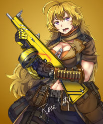 Rule 34 | 12-gauge, 1girl, aa-12, adapted costume, ahoge, alternate weapon, ammunition, automatic shotgun, baggy pants, bandolier, belt pouch, black gloves, blonde hair, breasts, cleavage, combat shotgun, drum magazine, gloves, gun, high-capacity magazine, highres, huge ahoge, large breasts, long hair, magazine (weapon), military operator, navel, pants, pouch, prosthesis, prosthetic arm, purple eyes, rosakatze, rwby, shotgun, shotgun shell, shotgun shell holder, single glove, sleeves rolled up, solo, toned, wavy hair, weapon, yang xiao long