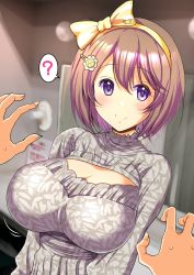 Rule 34 | 1girl, 1other, ?, bow, breasts, brown hair, cleavage, cleavage cutout, clothing cutout, hair ornament, hairband, hairclip, highres, hinata yuka, indie virtual youtuber, large breasts, medium hair, pony r, pov, pov hands, purple eyes, spoken question mark, sweat, upper body, virtual youtuber, yellow bow, yellow hairband