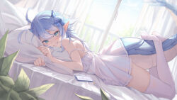 Rule 34 | 1girl, absurdres, ahoge, aqua eyes, blue hair, blue horns, blue nails, cellphone, curtains, day, dragon girl, dragon tail, dress, facial mark, feet up, grin, head on pillow, highres, horns, indie virtual youtuber, indoors, long hair, looking at viewer, lying, midori xu, multiple horns, nail polish, no shoes, on bed, on stomach, paroniie (vtuber), phone, pillow, plant, sidelocks, sleeveless, sleeveless dress, smartphone, smile, solo, strap slip, tail, thighhighs, virtual youtuber, white dress, white thighhighs
