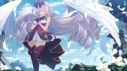 Rule 34 | 1girl, beretta crossrain, blue sky, bow, braid, closed eyes, cloud, day, dress, drill hair, falling feathers, feathered wings, feathers, flower, gloves, hair bow, highres, indie virtual youtuber, long hair, open mouth, praying, purple gloves, short dress, sky, thighhighs, twintails, white flower, white hair, white wings, wings