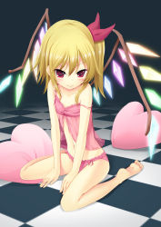 Rule 34 | 1girl, babydoll, bare legs, barefoot, blonde hair, blush, checkered floor, collarbone, embodiment of scarlet devil, female focus, flandre scarlet, flat chest, floor, heart, heart-shaped pillow, highres, navel, panties, pillow, pink panties, red eyes, side-tie panties, sitting, smile, solo, strap slip, tanakahazime, touhou, underwear, underwear only, v arms, wariza, wings