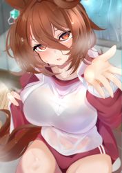 Rule 34 | 1girl, absurdres, agnes tachyon (umamusume), akiba monaka, animal ears, blush, breasts, brown eyes, brown hair, buruma, commentary request, gym uniform, hair between eyes, highres, horse ears, horse girl, jacket, large breasts, long sleeves, looking at viewer, open clothes, open jacket, open mouth, see-through, track jacket, umamusume, wet, wet clothes