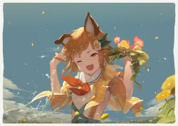Rule 34 | 1girl, ;d, animal ears, arm up, blue sky, blurry, blurry foreground, blush, braid, brown eyes, brown hair, cg (2686805355), character request, cloud, commentary request, day, depth of field, erune, fang, flower, granblue fantasy, hair flower, hair ornament, hand up, highres, holding, holding flower, jacket, looking at viewer, one eye closed, open clothes, open jacket, open mouth, outdoors, red flower, sailor collar, shirt, short sleeves, sky, smile, solo, vajra (granblue fantasy), water, water drop, white flower, white sailor collar, white shirt, yellow flower, yellow jacket
