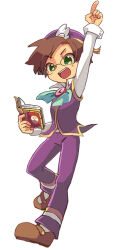 Rule 34 | 1boy, arm up, blue bow, book, bow, brown footwear, brown hair, full body, glasses, green eyes, hat, holding, holding book, karatou, klug (puyopuyo), male focus, open mouth, pants, pocket watch, pointing, pointing up, purple hat, purple pants, purple vest, puyopuyo, puyopuyo fever, shirt, short hair, tassel, vest, watch, white shirt, wing hat ornament