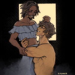 1boy 1girl annette_(castlevania) black_background black_hair brown_hair castlevania:_nocturne castlevania_(series) closed_eyes commentary dark-skinned_female dark_skin dreadlocks dress hair_ornament hairpin hetero highres hug interracial kitsunic0 lifting_person midriff navel richter_belmont short_hair signature simple_background smile topless topless_male very_dark_skin