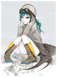 Rule 34 | 1girl, amatiz, bad id, boots, colored skin, female focus, fins, fish tail, goggles, goggles on head, green hair, grey background, helmet, knees together feet apart, lipstick, long coat, looking at viewer, makeup, nail polish, pigeon-toed, pink nails, seaweed, sitting, snow, solo, tail, white skin