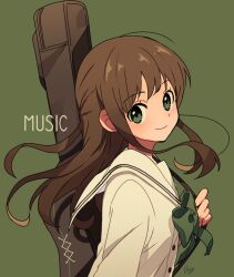 Rule 34 | 1girl, arisa (aren), black eyes, blush, bow, bowtie, brown hair, buttons, carrying, closed mouth, commentary, green background, green bow, green bowtie, green eyes, grey sailor collar, grey shirt, guitar case, holding strap, instrument case, long hair, long sleeves, looking at viewer, original, sailor collar, shirt, sidelocks, signature, simple background, smile, solo, strap, upper body