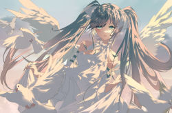 Rule 34 | 1girl, absurdres, animal, bare shoulders, bird, blue sky, cloud, commentary request, day, dress, green eyes, green hair, hair ribbon, hatsune miku, highres, looking away, outdoors, parted lips, rhea (0u0), ribbon, skirt hold, sky, sleeveless, sleeveless dress, solo, transparent, twintails, vocaloid, white dress, white ribbon