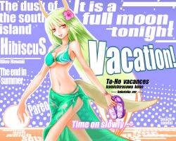 Rule 34 | 1girl, bad id, bad pixiv id, bikini, breasts, cleavage, english text, engrish text, ex-keine, female focus, flower, green bikini, green hair, hair flower, hair ornament, hibiscus, holding, holding shoes, horns, kamishirasawa keine, long hair, medium breasts, noriccho!, noritcho!, o-ring, o-ring top, ranguage, red eyes, sandals, sarong, shoes, smile, solo, swimsuit, tail, touhou, underboob, very long hair