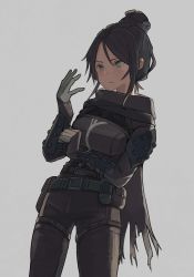 Rule 34 | 1girl, animification, apex legends, belt, black belt, black bodysuit, black hair, black scarf, blush, bodysuit, bracer, clenched hand, gloves, grey eyes, grey gloves, hair behind ear, hair between eyes, hair bun, leaning to the side, nose piercing, piercing, scarf, single hair bun, solo, stack (sack b7), wraith (apex legends)