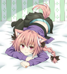 Rule 34 | 1boy, animal ears, astolfo (fate), astolfo (memories at trifas) (fate), bed, blush, braid, casual, cat ears, cat tail, contemporary, fang, fate/apocrypha, fate (series), hair ribbon, highres, long hair, looking at viewer, lying, male focus, official alternate costume, on stomach, open mouth, pink hair, purple eyes, ribbon, shika tsui, single braid, smile, solo, tail, trap