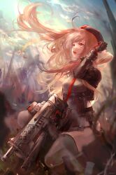 Rule 34 | 1girl, assault rifle, beret, clothing cutout, cloud, cloudy sky, from side, gloves, goddess of victory: nikke, gun, hair flowing over, hat, highres, holding, holding gun, holding weapon, jacket, kneeling, light brown hair, light rays, long hair, long sleeves, looking up, miniskirt, necktie, on one knee, open clothes, open jacket, parted lips, rapi (nikke), rifle, side cutout, skirt, sky, smoke, solo, strap, thick thighs, thighhighs, thighs, weapon, yonaka (my0nk)
