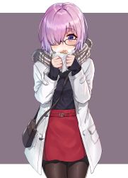 Rule 34 | 1girl, absurdres, ayul (ayulneri 92), bag, between breasts, black-framed eyewear, black shirt, breasts, brown pantyhose, brown scarf, coat, commentary request, cowboy shot, duffel coat, eating, fate/grand order, fate (series), glasses, hair over one eye, handbag, highres, holding, looking at viewer, mash kyrielight, mash kyrielight (chaldea park caravan), official alternate costume, open clothes, open coat, pantyhose, pink hair, plaid, plaid scarf, purple background, purple eyes, red skirt, scarf, shirt, short hair, shoulder bag, simple background, skirt, small breasts, solo, steam, strap between breasts, white coat, wrapper