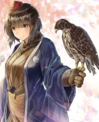 Rule 34 | 1girl, alternate costume, animal, animal on hand, bird, black hair, brown eyes, closed mouth, eagle, falconry, from side, hat, highres, japanese clothes, kimono, long sleeves, looking at viewer, looking to the side, netamaru, obi, sash, shameimaru aya, short hair, smile, solo, tokin hat, touhou, wide sleeves