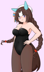 Rule 34 | 1girl, absurdres, alternate costume, animal ears, bare shoulders, black leotard, black pantyhose, blush, braid, breasts, brown hair, cleavage, commentary request, cowboy shot, ear covers, ear ornament, gradient background, highleg, highleg leotard, highres, hokko tarumae (umamusume), horse ears, horse girl, horse tail, large breasts, leotard, long hair, low twin braids, mintia1911, multicolored hair, nontraditional playboy bunny, pantyhose, solo, strapless, strapless leotard, streaked hair, tail, twin braids, umamusume, very long hair, white hair