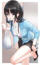 Rule 34 | 1girl, :d, bag, bare legs, between breasts, black footwear, black hair, black skirt, blue jacket, blush, bra, bra visible through clothes, breasts, buttons, collared shirt, dress shirt, formal, high heels, highres, jacket, kfr, large breasts, leaning forward, leg up, long hair, long sleeves, miniskirt, office lady, one side up, open clothes, open jacket, open mouth, original, pencil skirt, pink bra, purple eyes, see-through, shirt, shopping bag, shoulder bag, skirt, skirt suit, smile, solo, standing, standing on one leg, strap between breasts, suit, sweat, underwear, wet, wet clothes, wet shirt, wing collar, wristband