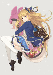Rule 34 | 10s, 1girl, :p, :q, a (nanananaaannaa), alternate costume, bad id, bad pixiv id, bag, black footwear, blazer, blonde hair, blue jacket, blue skirt, bookbag, cagliostro (granblue fantasy), cagliostro (youthful uniform) (granblue fantasy), granblue fantasy, hair ornament, hair ribbon, jacket, long hair, long sleeves, looking at viewer, looking back, open mouth, purple eyes, ribbon, school uniform, shoes, simple background, skirt, solo, sparkle, star (symbol), thighhighs, tongue, tongue out, very long hair, white thighhighs, zettai ryouiki