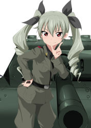 Rule 34 | 10s, 1girl, anchovy (girls und panzer), arm support, belt, black shirt, carro armato p40, cowboy shot, dress shirt, drill hair, finger to mouth, girls und panzer, green hair, grey jacket, grey pants, hair ribbon, hand on own hip, holding, holding riding crop, jacket, leaning, long hair, long sleeves, looking at viewer, military, military uniform, military vehicle, motor vehicle, necktie, pants, red eyes, ribbon, riding crop, sakurai tene, shirt, smile, solo, standing, tank, twin drills, twintails, uniform, vehicle, white background