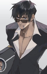 Rule 34 | 1boy, black hair, black jacket, blue eyes, cigarette, closed mouth, collared shirt, cowboy shot, facial hair, grey background, highres, holding, jacket, long sleeves, looking at viewer, male focus, mouth hold, nicholas d. wolfwood, shirt, short hair, simple background, smile, solo, standing, sunglasses, trigun, tte (t ombi), white shirt