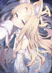 Rule 34 | 1girl, animal ear fluff, animal ears, bare shoulders, blonde hair, blue archive, blush, bow, closed mouth, collared dress, comiket 102, commentary request, detached sleeves, dress, flower, from above, hair bow, halo, highres, long hair, long sleeves, looking at viewer, parted bangs, puffy long sleeves, puffy sleeves, red eyes, rose, seia (blue archive), sleeveless, sleeveless dress, sleeves past fingers, sleeves past wrists, solo, topia, very long hair, white bow, white dress, white flower, white rose, white sleeves, yellow bow