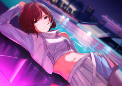Rule 34 | 1girl, absurdres, bare shoulders, belt, blurry, blurry background, brown hair, commentary request, crop top, dutch angle, hair ornament, hair ribbon, hairclip, highres, higuchi madoka, idolmaster, idolmaster shiny colors, long sleeves, looking at viewer, lying, miniskirt, mole, mole under eye, navel, night, on side, outdoors, pool, purple eyes, ribbon, short hair, skirt, solo, swept bangs, tolkn1, white belt, white skirt
