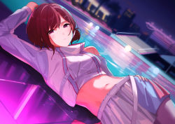 1girl absurdres bare_shoulders belt blurry blurry_background brown_hair commentary_request crop_top dutch_angle hair_ornament hair_ribbon hairclip highres higuchi_madoka idolmaster idolmaster_shiny_colors long_sleeves looking_at_viewer lying miniskirt mole mole_under_eye navel night on_side outdoors pool purple_eyes ribbon short_hair skirt solo swept_bangs tolkn1 white_belt white_skirt