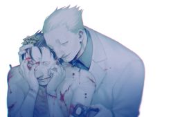 Rule 34 | 2boys, black shirt, blonde hair, blood, blood on hands, brown hair, collared shirt, dual persona, ear piercing, hand on another&#039;s head, holding, injury, jacket, male focus, multiple boys, omori yakumo, piercing, pliers, shirt, simple background, tears, tokyo ghoul, upper body, white background, white jacket, zoo (oukakumaku)