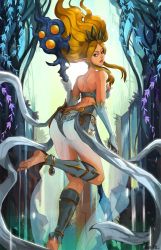 Rule 34 | 1girl, armor, ass, back, bare shoulders, barefoot, blonde hair, blue eyes, breasts, bustier, elbow gloves, floating hair, from behind, gloves, greaves, hairband, janna (league of legends), large breasts, league of legends, lips, long hair, looking back, neo-tk.., nose, pointy ears, ribbon, see-through, soles, solo, staff, toes, white gloves