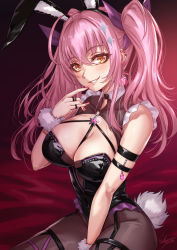 Rule 34 | 1girl, animal ears, arm strap, bare arms, black leotard, black pantyhose, breasts, brown eyes, cleavage, collar, cowboy shot, demon girl, ear piercing, earrings, fake animal ears, fake tail, frills, garter straps, grin, hair between eyes, hair ribbon, highres, jewelry, leotard, long hair, looking at viewer, no bra, original, ornament, pantyhose, parted lips, piercing, pink hair, playboy bunny, rabbit tail, red background, ribbon, ring, sakiyamama, sidelocks, signature, sleeveless, smile, solo, star ornament, tail, twintails, wrist cuffs