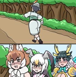 Rule 34 | 4girls, acesrulez, animal ears, ass, axel in harlem (meme), bare shoulders, bird girl, black-tailed gull (kemono friends), black hair, blonde hair, blue eyes, blush, bow, bowtie, breasts, brown hair, captain (kemono friends), cleavage cutout, clothing cutout, dhole (kemono friends), dog ears, dog girl, drooling, extra ears, giraffe ears, giraffe girl, giraffe horns, gloves, grey hair, hair between eyes, head wings, horns, huge ass, kemono friends, kemono friends 3, kirin (kemono friends), large breasts, long hair, long sleeves, looking at another, meme, multicolored hair, multiple girls, open mouth, outdoors, red hair, scale print, shirt, short hair, short sleeves, skirt, sleeveless, smile, two-tone hair, walking, white hair, wings, yellow eyes, yuri