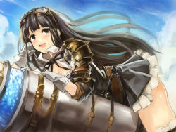 Rule 34 | 10s, 1girl, black eyes, black hair, black thighhighs, cloud, cowboy shot, day, edobox, gloves, goggles, goggles on head, granblue fantasy, jessica (granblue fantasy), long hair, looking at viewer, lying, on stomach, open mouth, sky, solo, straddling, thighhighs, white gloves