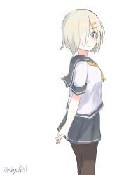 Rule 34 | 1girl, absurdres, black pantyhose, blue eyes, cowboy shot, gloves, grey sailor collar, grey skirt, hair ornament, hair over one eye, hairclip, hamakaze (kancolle), highres, kantai collection, looking at viewer, neckerchief, one-hour drawing challenge, pantyhose, pleated skirt, robinson (day l full), sailor collar, school uniform, serafuku, short hair, silver hair, simple background, skirt, solo, standing, white background, white gloves, yellow neckerchief