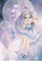 Rule 34 | 1girl, animal ears, bug, butterfly, butterfly on hand, dress, full moon, grey hair, bug, jewelry, long hair, looking at viewer, mary janes, moon, mosho, necklace, original, painting (medium), red eyes, shoes, socks, solo, traditional media, watercolor (medium)
