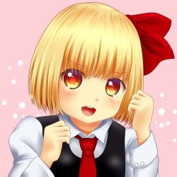 Rule 34 | 1girl, blonde hair, hair ribbon, hand up, light particles, long sleeves, looking at viewer, necktie, open mouth, pink background, red eyes, red necktie, ribbon, rumia, short hair, shounen (hogehoge), tears, touhou, upper body, vest