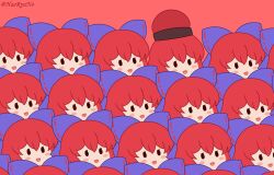 6+girls :d absurdres black_eyes blush_stickers bow haeryuno hat hecatia_lapislazuli highres multiple_girls multiple_persona odd_one_out open_mouth purple_bow red_background red_hair red_theme sekibanki short_hair signature smile touhou underworld_(ornament)