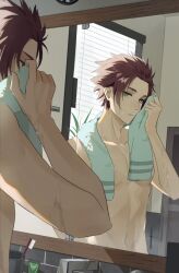 Rule 34 | 1boy, bathroom, blue eyes, blue lock, ciao3030, closed mouth, cup, hand up, highres, indoors, itoshi sae, male focus, mirror, red hair, reflection, short hair, solo, toothbrush, topless male, towel, towel around neck, upper body, window