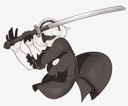 Rule 34 | absurdres, black blindfold, black dress, black hairband, blindfold, cleavage cutout, clothing cutout, covered eyes, dress, feather-trimmed sleeves, gloves, hairband, highres, nier (series), nier:automata, splashbrush, sword, virtuous contract, weapon, white hair, 2b (nier:automata)