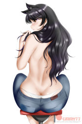 Rule 34 | 1girl, animal ears, ass, bare back, bikini, bikini bottom only, bikini under clothes, black hair, blake belladonna, blush, breasts, brown eyes, butt crack, cat ears, commentary, convenient arm, denim, eyeshadow, from behind, highres, jeans, kimmy77, long hair, looking at viewer, looking back, makeup, medium breasts, open mouth, pants, rwby, shiny skin, sideboob, simple background, sitting, skindentation, solo, swimsuit, topless, whale tail (clothing), white background, white bikini, yellow eyes