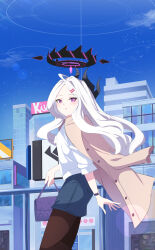 Rule 34 | ahoge, alternate costume, bag, black halo, blue archive, blue shorts, blue sky, brown jacket, brown pantyhose, building, city, cloud, commentary, daweykun, day, halo, highres, hina (blue archive), holding, holding bag, jacket, jacket on shoulders, long hair, looking at viewer, outdoors, pantyhose, purple bag, purple eyes, shirt, shorts, sky, watch, white hair, white shirt