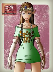 Rule 34 | 1girl, bare shoulders, blue eyes, breasts, brown hair, earrings, ed moffat, elbow gloves, forehead jewel, gloves, hair ribbon, highres, jewelry, lips, long hair, nintendo, off-shoulder shirt, pointy ears, princess zelda, ribbon, shirt, sidelocks, narrow waist, small breasts, solo, t-shirt, the legend of zelda, the legend of zelda: twilight princess, tiara, triforce, watermark, web address, white gloves